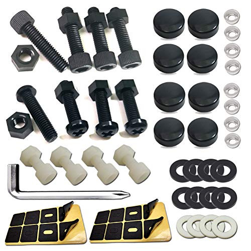 License Plate Screws-1/4"(M6) Nylon License Plate Bolts & Nuts with Black Plate Screw Caps,License Plate Pads for Fastening Frames, and Covers on American Cars, Motorcycles, Bikes and Trailer