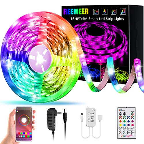 LED Strip Lights, Reemeer 16.4ft /5M Smart Led Lights Strip SMD5050 LEDs Music Sync Color Changing LED Strip Light APP Bluetooth Control + Remote, LED Lights for Bedroom Party Home Decoration