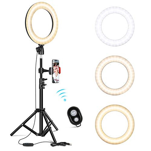 10" Selfie Ring Light with Adjustable Tripod Stand & Phone Holder for Live Stream/Makeup, Dimmable Led Camera Beauty Ringlight for YouTube TikTok/Photography Compatible for iPhone and Android Phone