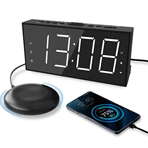 Loud Alarm Clock with Bed Shaker for Heavy Sleeper, Vibrating Alarm Clock with USB Charger for Hearing-impaired Deaf, Dual Alarm Clock, 7.5 Display with Dimmer, Snooze, 12/24H & Battery Backup