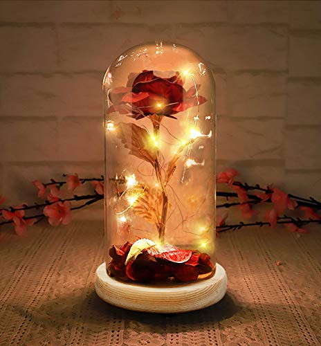 ANOTION Beauty and The Beast Rose, Forever Rose, Red Galaxy Enchanted Rose, Enchanted Rose Artificial Flowers with Glass Cover and Wooden Base -Red