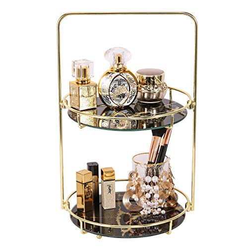 Z PLINRISE Makeup Organizer, 2 Tier Bathroom Cosmetic Storage Shelf for Dresser and Countertop, Decorative Round Vanity Organizer Basket with Marbling Glass Tray, Gold Z PLINRISE Makeup Organizer, 2 Tier Bathroom Cosmetic Storage Shelf for Dresser and Countertop, Decorative Round Vanity Organizer Basket with Marbling Glass Tray, Gold
