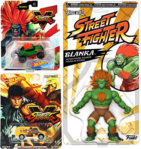 Hot Wheels Round 1 Blanka Street Fighter Character Car Bundled with Pop Culture Super Van + Savage World Figure 3 Items