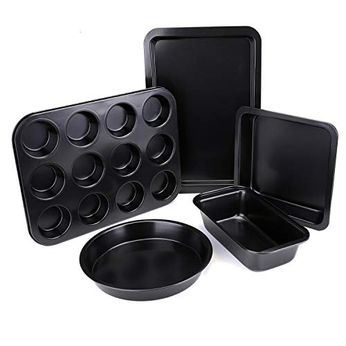 Tebery 5 Pack Nonstick Bakeware Set Includes Cookie Sheet, Loaf Pan, Square Pan, Round Cake Pan, 12 Cups Muffin Pan