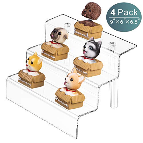 MaxGear Acrylic Riser Display Stand Shelf for Amiibo Funko Pop Figure Display, 3 Steps Clear Display for Decoration and Organizer, Cupcakes Stand for Cabinet, Countertop, 3-Tier 4 Pack (9 x 6 inches)