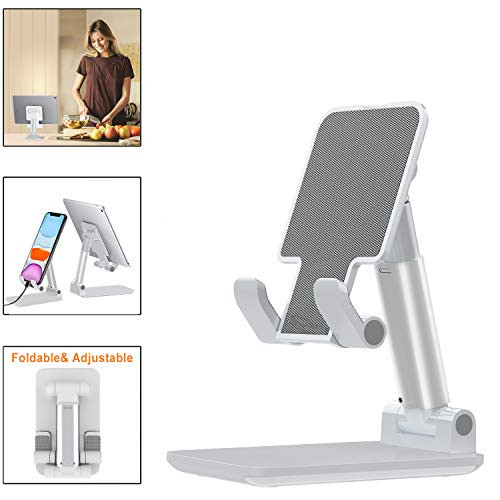 Cell Phone Stand, LeYi Foldable Portable Desktop Stand Adjustable Height and Angle Phone Holder for Desk, Sturdy Aluminum Metal Cradle Compatible with Smartphone/iPad/Kindle/Tablet, White