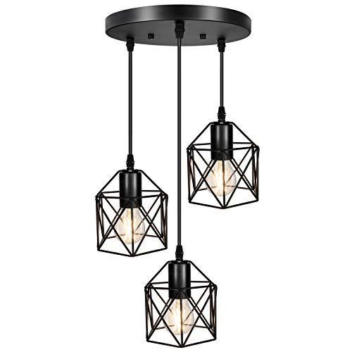 Industrial 3-Light Pendant Lighting, Adjustable Hanging Light Fixtures, Vintage Farmhouse Pendant Light with Metal Caged E26 Base for Kitchen Island Dining Room Living Room Hotel Shop and Bar, Black