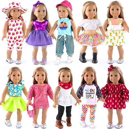 ebuddy 10-Sets Doll Clothes and Accessories for 18 inch American Girl Doll ,Our Generation Doll Include Dress Handbag Headband Hat and Rompers