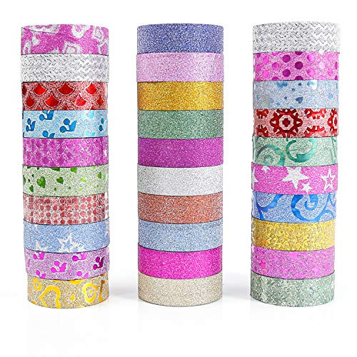 PuTwo Washi Tape, 30 Rolls Glitter Washi Tape, 15mm Washi Tape Set, Decorative Tape, Cute Washi Tape, Vintage Washi Tape, Japanese Washi Tape, Washi Tape for Journal, Decorative Tape for Crafts