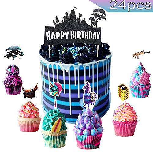 Video Game Cupcake Toppers Battle Royale Cake Toppers 24PCS, Video Game Party Supplies Cake Decorations for Victory Royale fans, Kids Birthday Party (Battle Royale Cake Toppers Black)