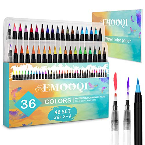 Watercolor Brush Pens, Emooqi 36 Colors for Watercolor Painting with Flexible Nylon Brush Tips for Coloring, Calligraphy, Drawing and Writing for Artists and Beginner Painters