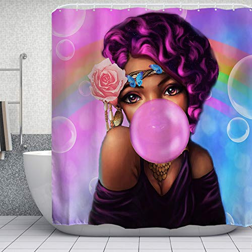 ORTIGIA African American Black Girl Shower Curtain Set Hippie Trippy Mandala Flower Bath Curtains Bathroom Decor Windows Curtain Polyester Waterproof 72x72 Inch