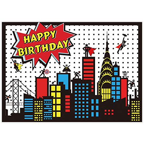 Allenjoy 7x5ft Superhero Themed Backdrop Super City Skyline Building Boys 1st Birthday Party Decoration Supplies Props Favors Custom Baby Shower Event Banners Studio Photo Booth Background Photocall