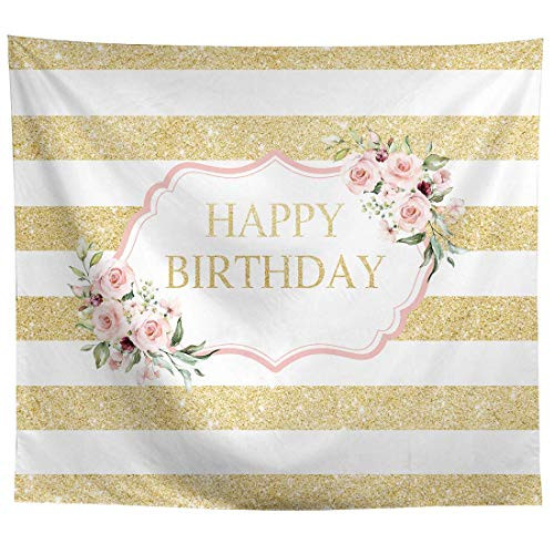 Allenjoy Pink Rose Happy Birthday Backdrop Gold White Stripes Women 20th 30th 40th 50th Bday Party Decoration Girls Sweet 16 Cake Table Banner 8x8ft Photo Booth Background