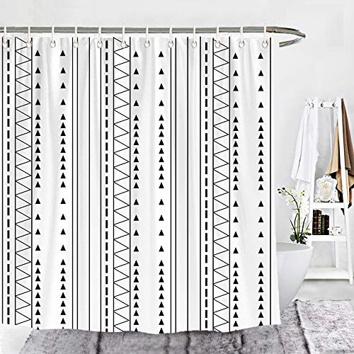 Wencal Bohemian Boho Shower Curtain Black White Vertical Stripes Geometric African Triangle Pattern Bathroom Decor with Hooks - 72 x72 Inches