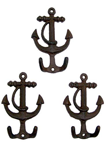 Primitive Brown Cast Iron Anchor Wall Hooks, 5 1/2 Inches, Set of 3