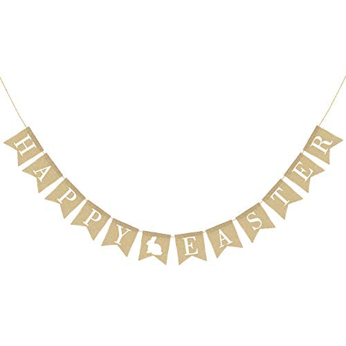 Burlap Happy Easter Banner | Rustic Easter Celebration Decorations | Happy Easter Bunting Garland with Rabbit Bunny Sign | Easter Party Decor Photo Props