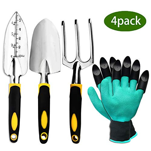 ZOUTOG Garden Tool Set, 4 Pack Gardening Gifts Including Trowel, Cultivator Hand Rake, Transplant Trowel, Gardening Gloves - for Weeding, Loosening Soil, Digging, Transplanting and More