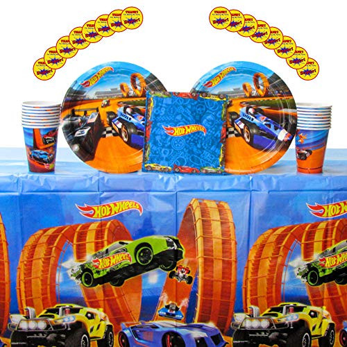 Hot Wheels Wild Racer Party Supplies Pack for 16 Guests - Stickers, Lunch Plates, Luncheon Napkins, Cups, and Table Cover