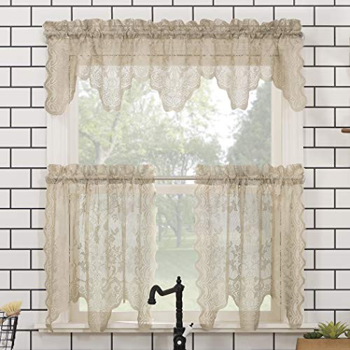 No. 918 Alison Floral Lace Sheer Rod Pocket Kitchen Curtain Valance and Tiers Set, 58" x 36" 3-Piece, Stone