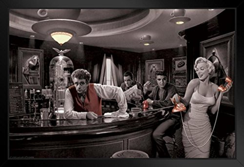 Pyramid America Java Dreams with James Dean Marilyn Monroe Elvis Presley and Humphrey Bogart by Chris Consani Bar Pictures Hollywood Wall Art Print Poster Standing Frame in Black Wood 20x14