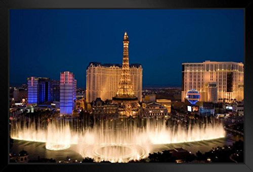 Bellagio Fountain Ballys Paris Casinos Las Vegas Photo Black Wood Framed Art Poster 20x14