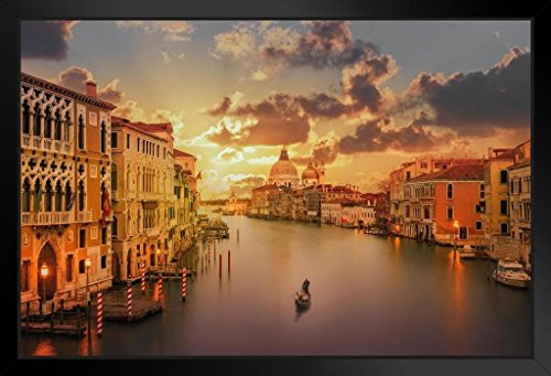 Gondola in The Grand Canal at Sunset Venice Italy Photo Art Print Black Wood Framed Poster 20x14