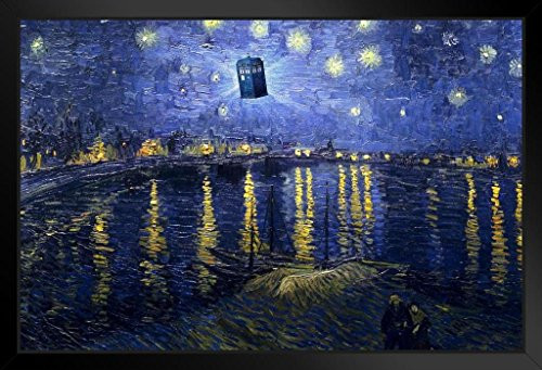 Tardis Starry Night Over The Rhone Van Gogh Art Humor Black Wood Framed Poster 14x20
