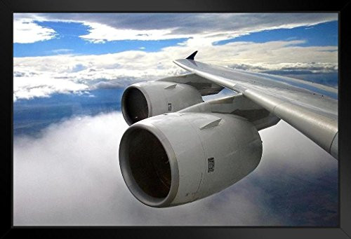 Airbus A380 Wing and Engines Close Up in Flight Photo Black Wood Framed Art Poster 20x14