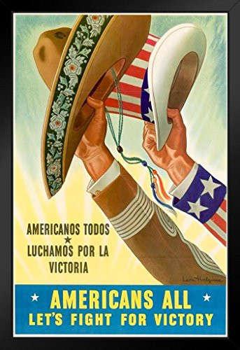 Americans All Lets Fight for Victory Americanos Todos World War II Propaganda Black Wood Framed Art Poster 14x20
