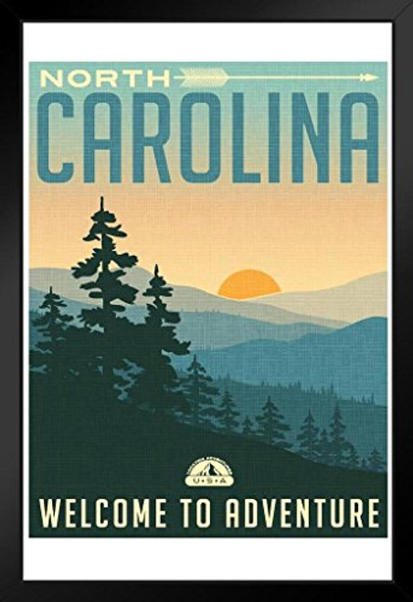 North Carolina Welcome to Adventure Retro Travel Art Black Wood Framed Art Poster 14x20