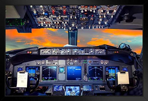 Flight Deck Airplane Cockpit at Sunset Photo Black Wood Framed Art Poster 20x14