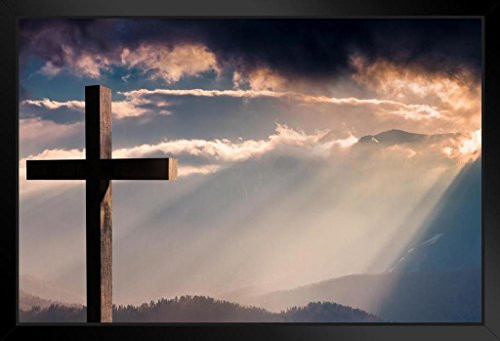 Wooden Cross Crucifix on a Dramatic Colorful Sunset Photo Art Print Black Wood Framed Poster 20x14