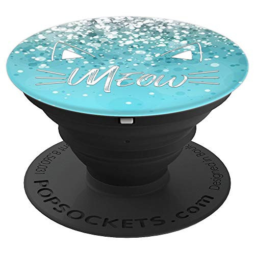 White Meow Cat Kitten Ears On Silver light Blue PopSockets Grip and Stand for Phones and Tablets