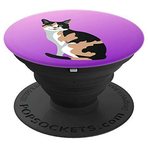 Calico Cat Sitting Drawing Art Clipart Purple PopSockets Grip and Stand for Phones and Tablets