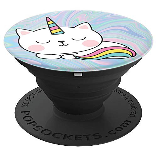 Cute Sleeping Caticorn Cat On Rainbow Unicorn Swirl PopSockets Grip and Stand for Phones and Tablets