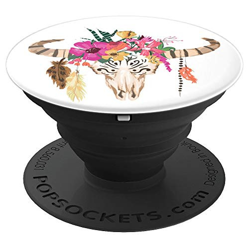 Bull Cow Skull Head Boho White PopSockets Grip and Stand for Phones and Tablets