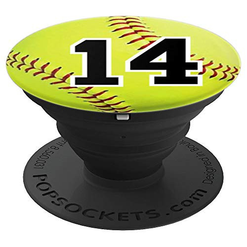 Girls Softball #14 Yellow Ball Jersey Number Fourteen Gift PopSockets Grip and Stand for Phones and Tablets Girls Softball #14 Yellow Ball Jersey Number Fourteen Gift PopSockets Grip and Stand for Phones and Tablets