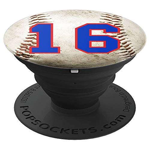 Baseball number 16 in blue and red phone stand PopSockets Grip and Stand for Phones and Tablets