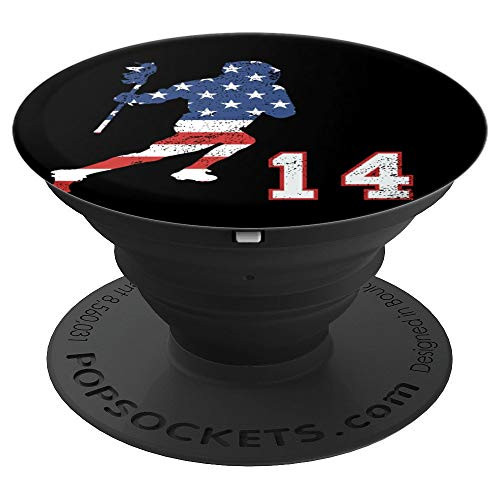 Lacrosse player American USA flag, number 14 phone stand PopSockets Grip and Stand for Phones and Tablets Lacrosse player American USA flag, number 14 phone stand PopSockets Grip and Stand for Phones and Tablets