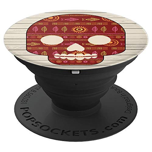 Cute Trendy Folk Art Candy Skull on Rustic Wood PACJ1456 PopSockets Grip and Stand for Phones and Tablets