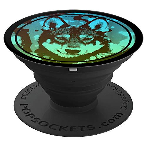 Wolf Eyes Face & Head Blue Green Graphic - Wolf PopSockets Grip and Stand for Phones and Tablets