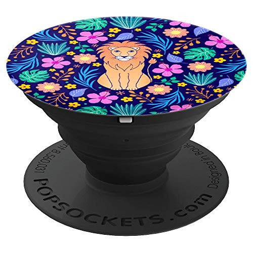Lion Head Animal Lover floral pattern Gift Protective Phone PopSockets Grip and Stand for Phones and Tablets
