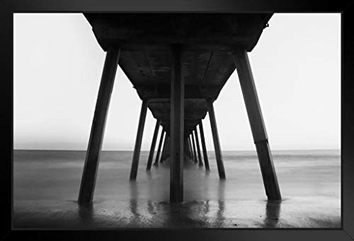 Under Santa Monica Beach Pier Black and White Infrared Exposure Photo Black Wood Framed Art Poster 20x14 inchx Inch