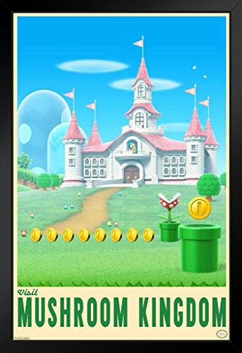 Pyramid America Visit Mushroom Kingdom Mario Bros Video Game Gaming Black Wood Framed Art Poster 14x20 inch