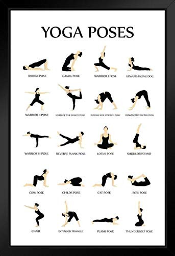 Workout Posters for Home Gym Yoga Poses Reference Chart Studio Black White Black Wood Framed Poster 14x20