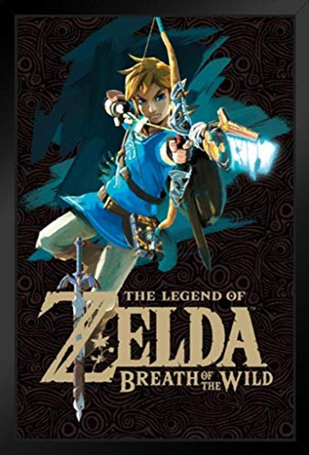 Pyramid America Legend of Zelda Breath of The Wild Link with Bow Shooting Arrow Video Game Gaming Black Wood Framed Art Poster 14x20