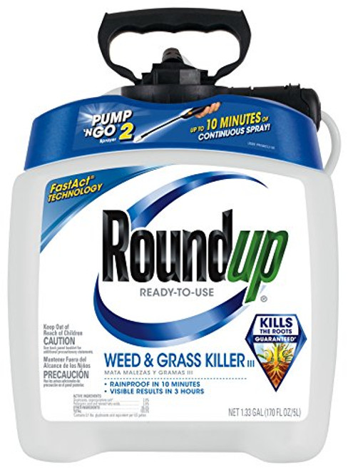 Roundup Ready-To-Use Weed & Grass Killer III -- with Pump 'N Go 2 Sprayer, Use in & Around Vegetable Gardens, Tree Rings, Flower Beds, Patios & More, Kills to the Root, 1.33 gal. Roundup Ready-To-Use Weed & Grass Killer III -- with Pump 'N Go 2 Sprayer, Use in & Around Vegetable Gardens, Tree Rings, Flower Beds, Patios & More, Kills to the Root, 1.33 gal.