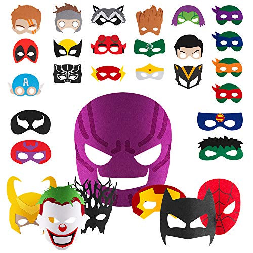 Superhero Masks Party Favors for Kids (30 Packs) Felt and Elastic, Superheroes Birthday Party Masks with 24 heros and 6 villains for cosplay