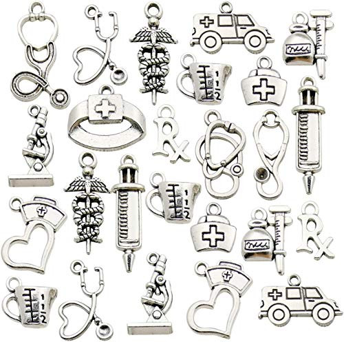 180pcs Wholesale Bulk Charms for Jewelry Making Supplies Bracelet Charms Stethoscope Medical Nurse Syringe Nurse Cap Hat Charms for Necklace Pendant Earring Tibetan Antique Silver Craft Supplies DIY Accessories